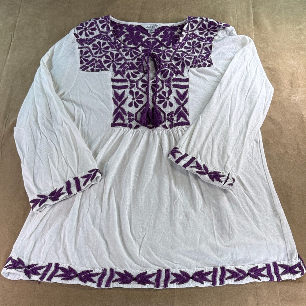 Lucky Brand White Blouse with Purple Embroidery